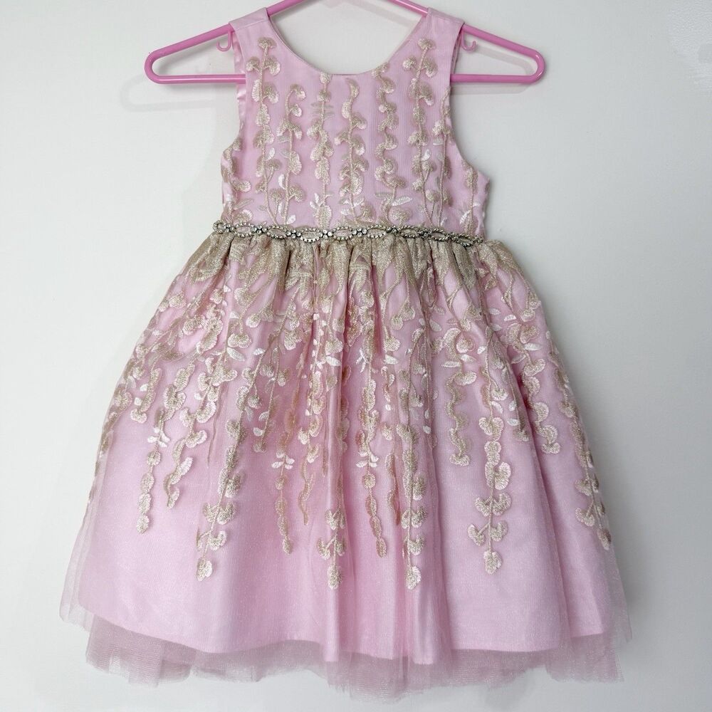 American Princess Girls Tulle Dress Pink Gold Floral Embroidery 6X/7